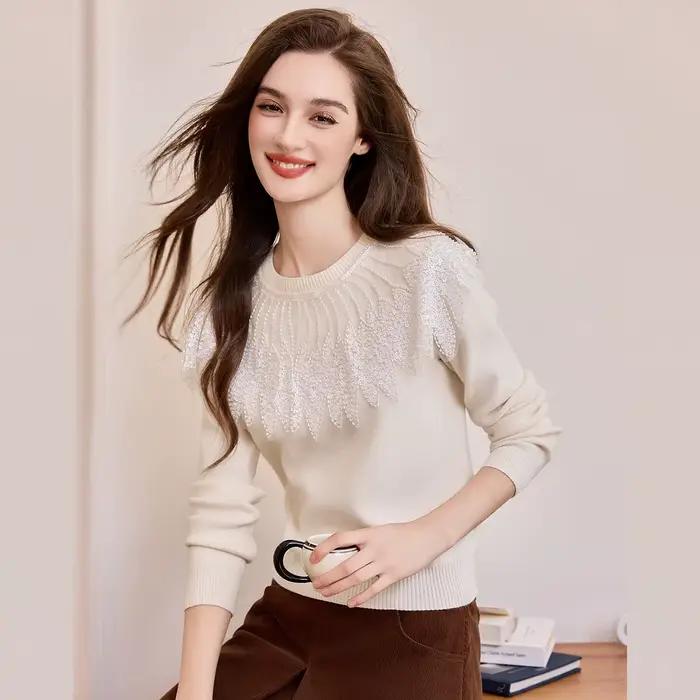 LOUIS YAO Beige Style dame pull femme 2025 automne/hiver légèrement élastique élégant pull tricots p
