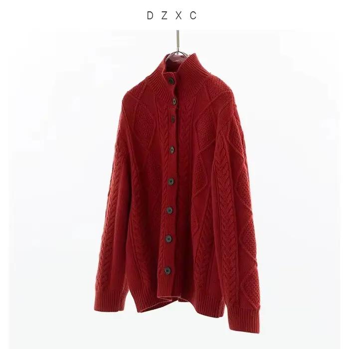 Pull rouge de Noël~Cardigan en tricot épais avec motif torsadé vintage, pull pour femme, hiver