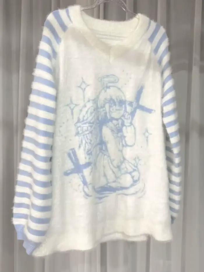 Pull japonais dessin animé pulls pour femmes Pull Femme décontracté mode tricot ample col en v rayé 