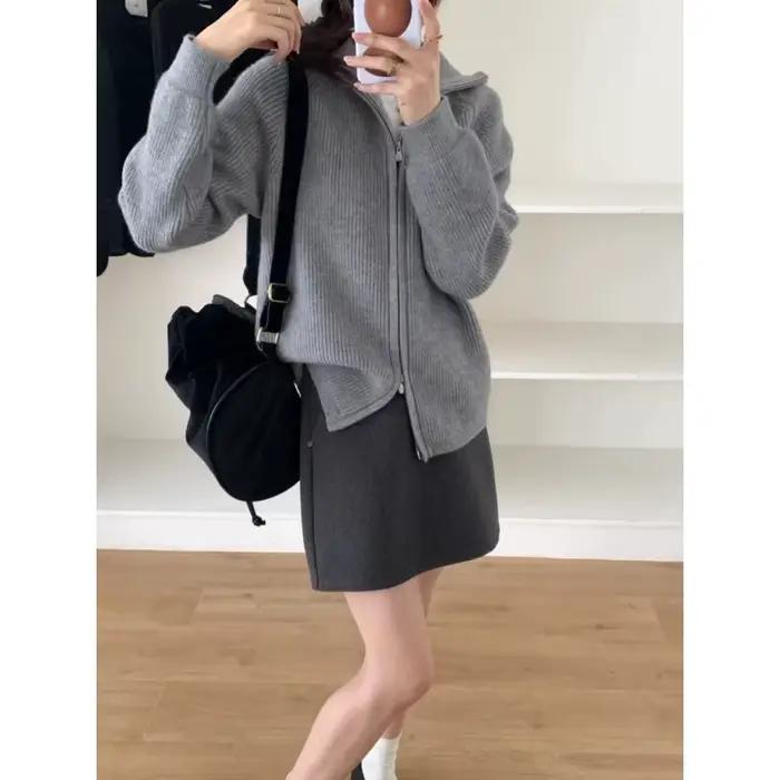 Pulls en tricot pour femmes, cardigan à col rabattu avec fermeture éclair, pull épais et chaud uni, 