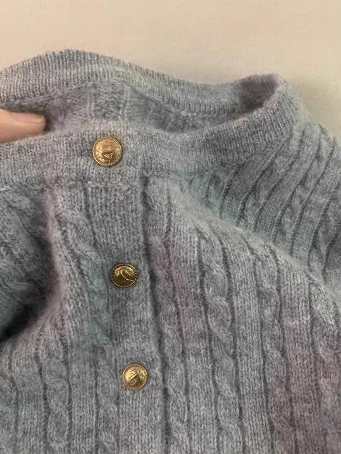 Cardigan ouvert en laine torsadée gris pour femme, style décontracté, avec petits boutons dorés, idé