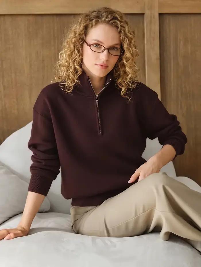 Pull rouge à col zippé pour femme, pull ample marron d'automne avec fermetures éclair pour femme, vê
