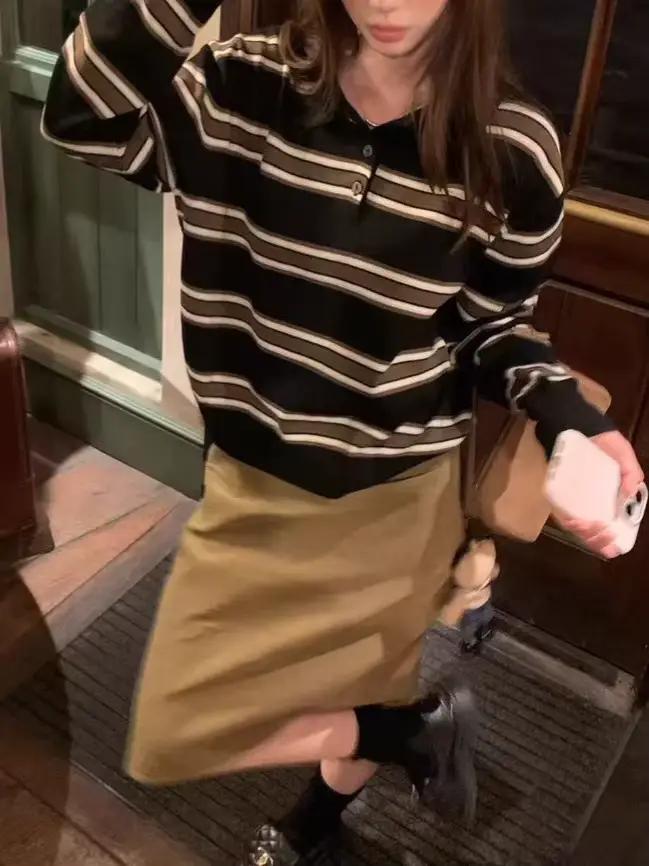 Pull en maille à col polo rayé pour femme Miu Style, manches longues, tendance, polyvalent, coupe ba