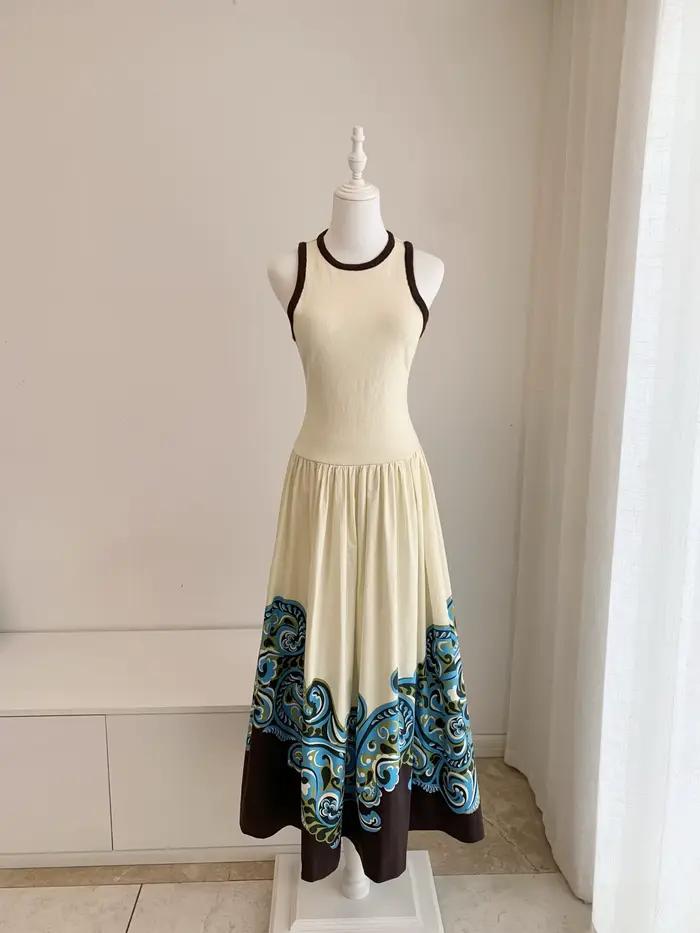 Robe longue en coton à col rond pour femme, avec ourlet imprimé et détails tricotés