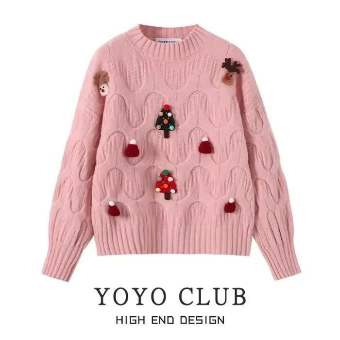 Pull de Noël pour femmes, rouge, col rond, tricot torsadé, manches longues, ample, pour les fêtes de