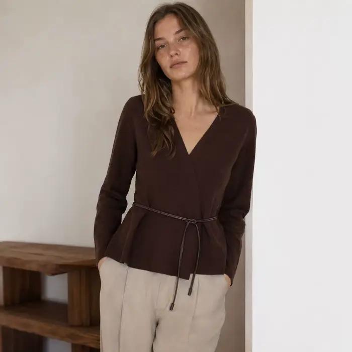 Manteau pull en tricot pour femme avec ceinture, col en V, manches longues, style chic et élégant