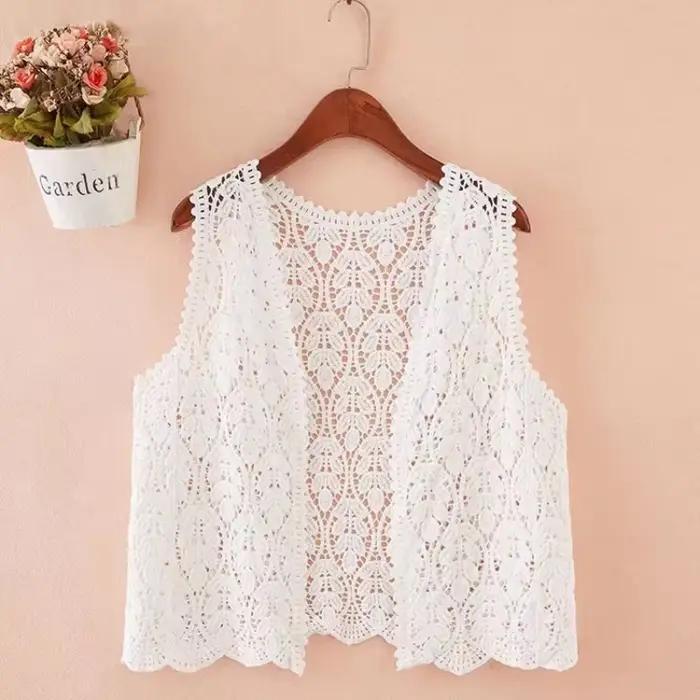 Cardigan Boho en Tricot Crochet pour Femme, Broderie Florale, Ouvert sur le Devant, Tenue de Vacance