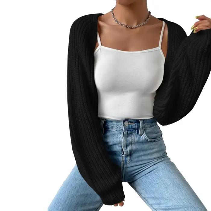 Cardigan court ouvert sur le devant pour femme, manches longues, couleur unie, tricot côtelé, pull b