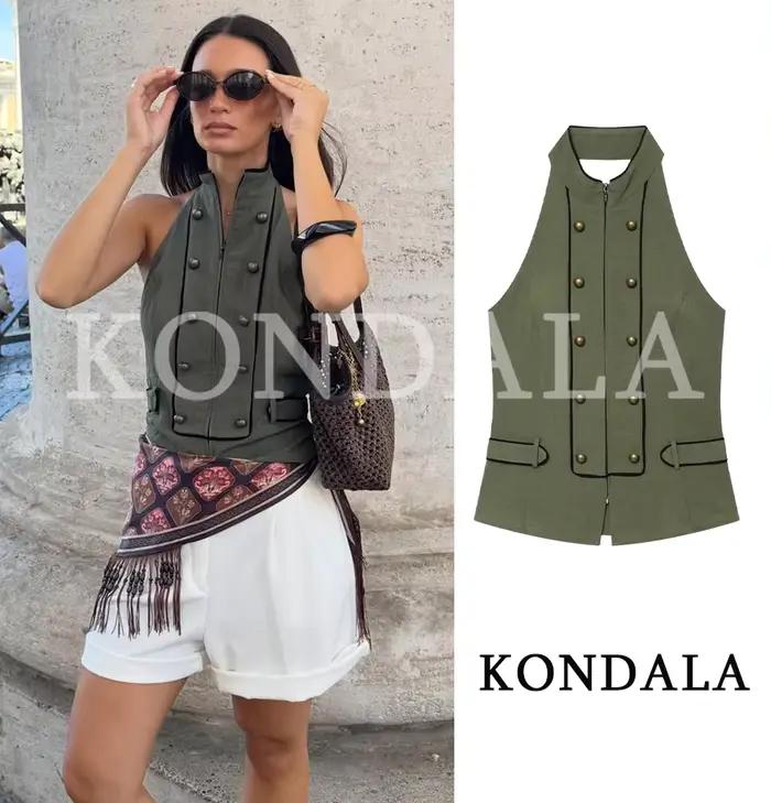 KONDALA Gilet Chic Vintage pour Femme avec Fermeture Éclair et Boutons, Tendance et Élégant, Collect