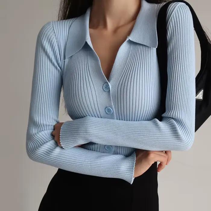 Cardigan à col pour femme, pull en laine mérinos, manches longues, vêtements de Bar de couleur, tric