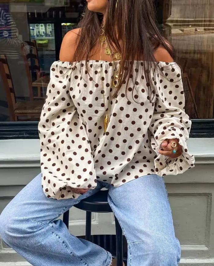 Pull à manches longues et col Slash pour femme, chemisiers à la mode, imprimé à pois, haut de vacanc