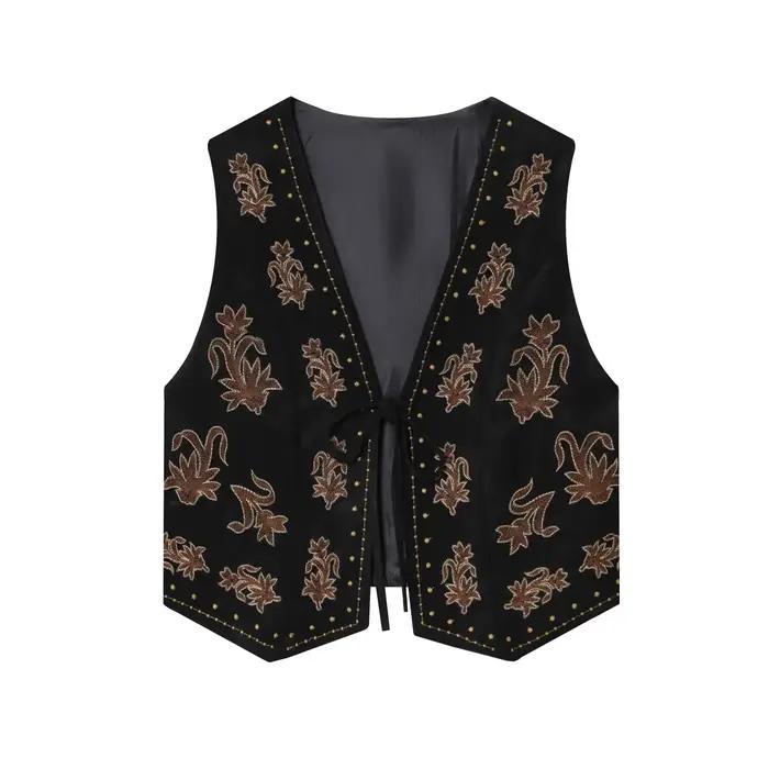 YENKYE – gilet brodé en Faux daim pour femmes, col en V, sans manches, à lacets sur le devant, haut