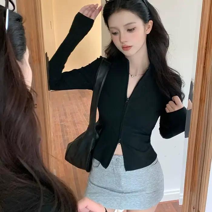 Cardigan tricoté pour femmes, pull à manches longues, col montant, fermeture éclair, manteau coréen,