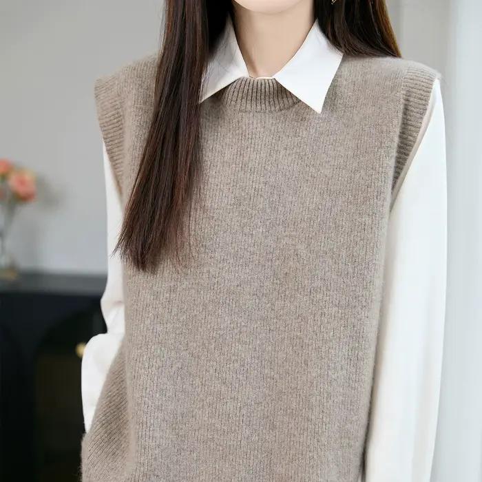 Nouveau pull gilet 100% laine mérinos pour femmes col rond couleur unie tricoté pull automne hiver d