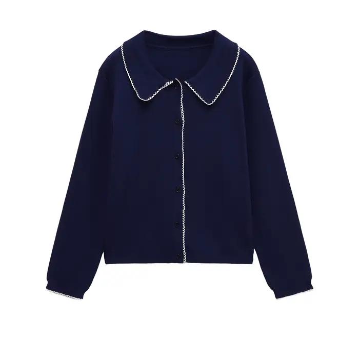 Cardigan tricoté bleu marine contrasté pour femme, col à revers, simple boutonnage, pull à manches l