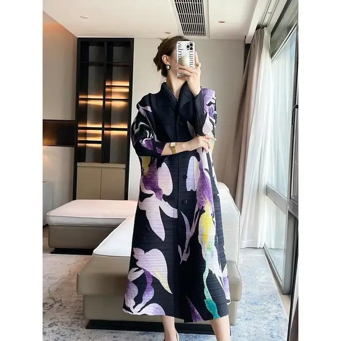 Ata Yake-Cardigan à poitrine plissée pour femme, robe mi-longue, revers imprimé, manches bourgeon fl