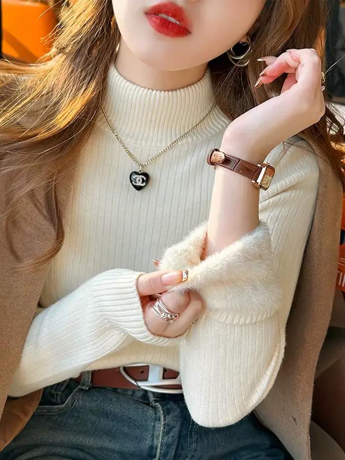 Pull slim à col roulé pour femme, pull en tricot épais, tricots doublés de velours en peluche, pull