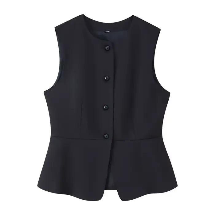 ETJ automne 2025 femmes élégant mode couleur unie col rond gilet tempérament polyvalent bouton up gi