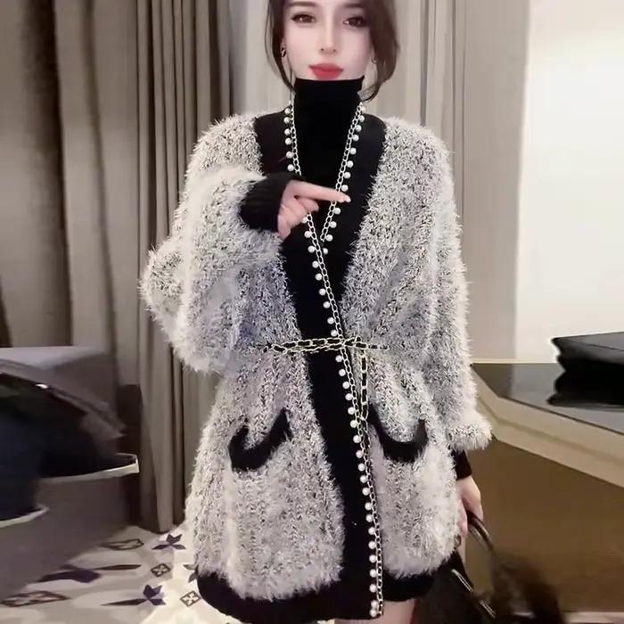 Cardigan en tricot pour femmes, surdimensionné, bordure en dentelle perlée, pull élégant, automne et
