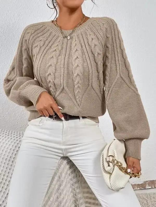 Pull tricoté torsadé Vintage à col rond pour femme, haut à manches longues, rétro, automne hiver, dé