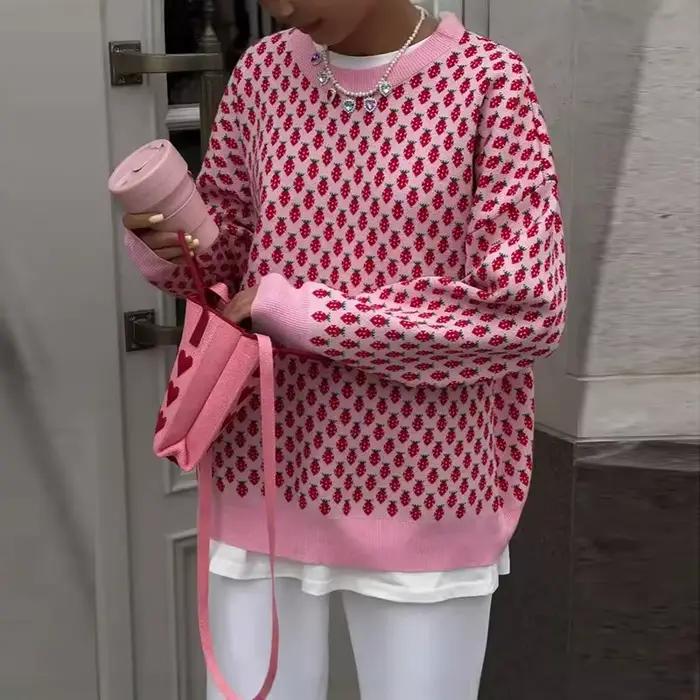 Pull en tricot Jacquard pour femme, manches longues, col rond, ourlet élastique, épaules tombantes,