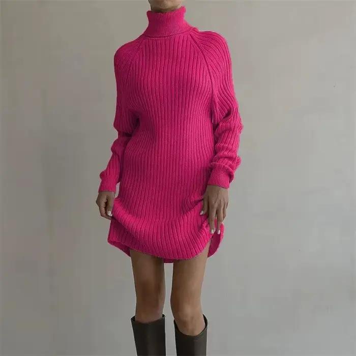 Robe pull épaisse à manches longues et col haut pour femme, décontractée, ample, tricotée, enveloppa