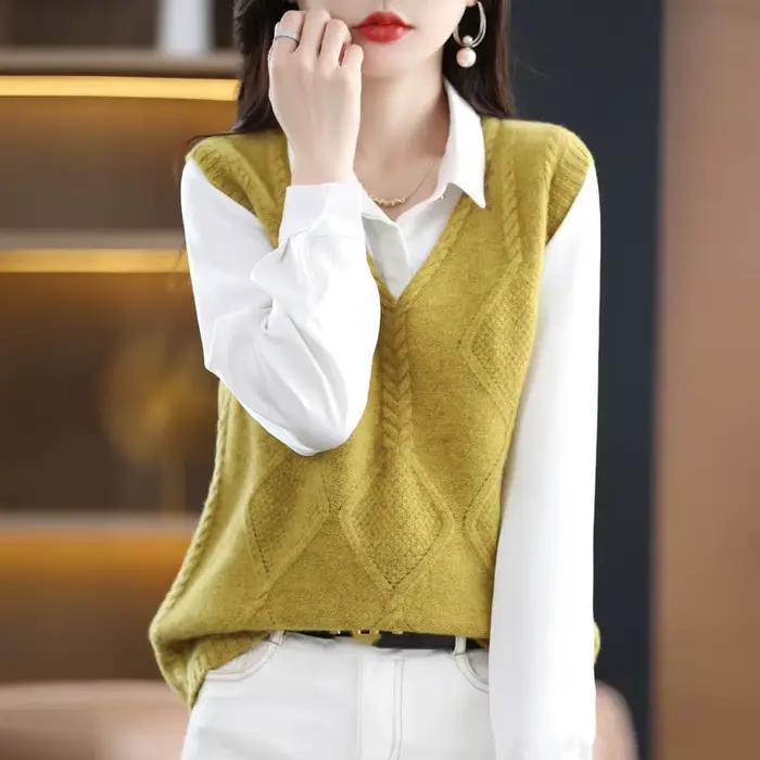 Gilet femmes automne nouveau 2025 col en V pull tricot gilet hauts femme décontracté sans manches co