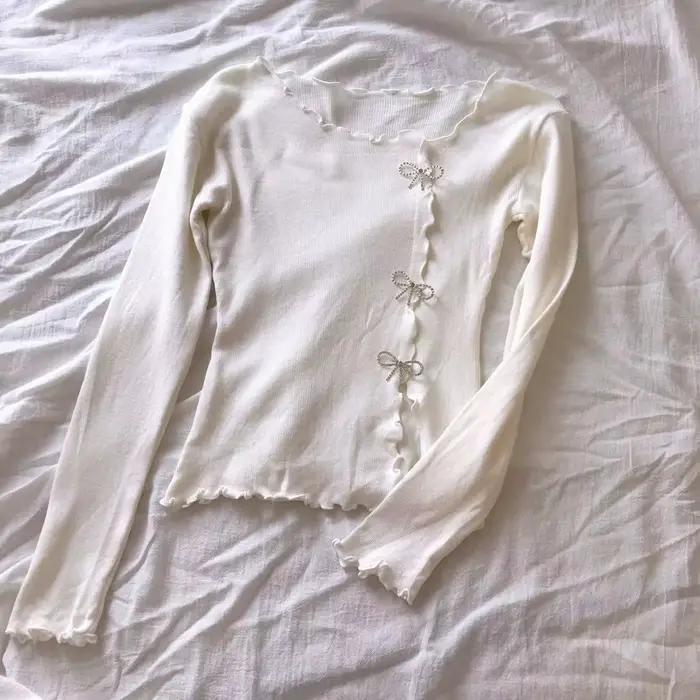 Pull à manches longues pour femmes, noir/blanc, garniture en laitue unie, nœud papillon, Y2K, décont