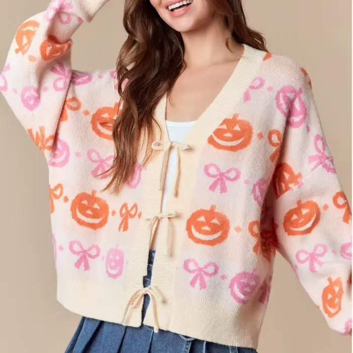 Cardigan Jacquard à col en v pour femme, pull chaud en tricot à manches longues, vêtements de fête e
