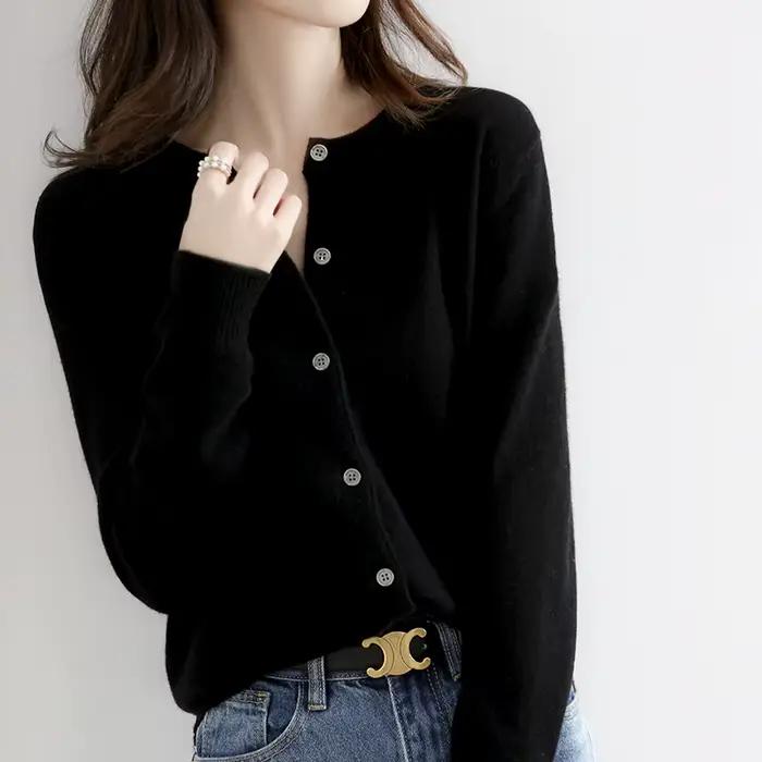 Cardigan pour femme 2026, col rond, simple boutonnage, court, ajusté, couleur camel doré, en maille
