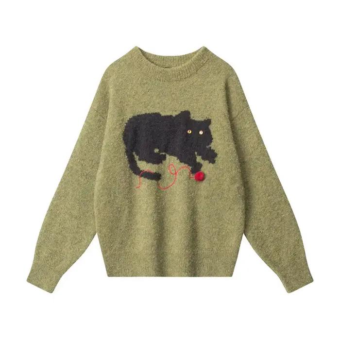 Pull en tricot à manches décontractées pour femmes, pull chat, col rond, rétro, ample, paresseux, au