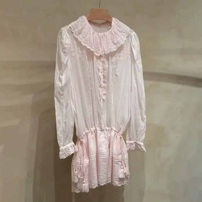 Robe pull rose brodée pour femme, col rabattu, taille élastique, manches longues, mini-robe élégante