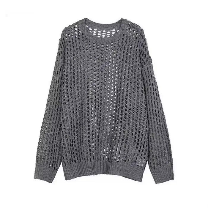 Haut en maille tricotée tendance, à col rond, ample et ajouré, unisexe, vente chaude de la saison, n