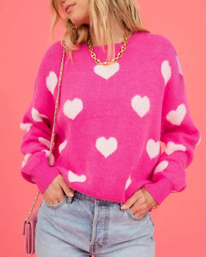 Pull en tricot rose vif pour femme, motif cœur, col rond, manches longues, pull décontracté, motif c