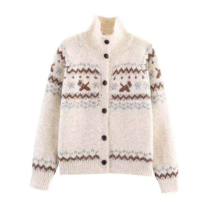 Cardigan tricoté Jacquard à manches longues pour femme, col montant, simple boutonnage, vêtements d'