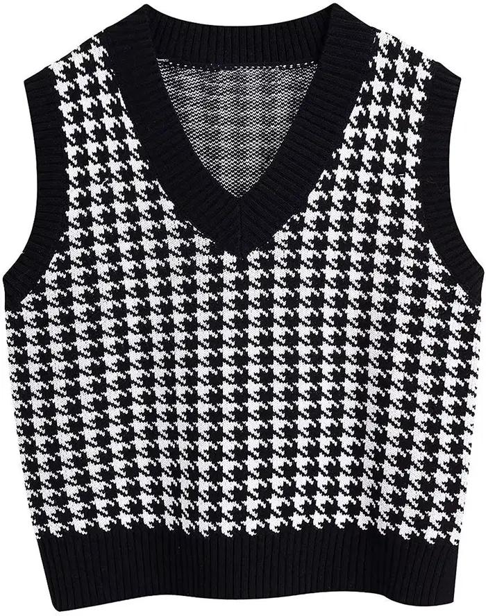 FibrGeometric-Pull pied-de-poule GlaWomen, Pull à col en V, Pull décontracté, Pullover doux, Tricots