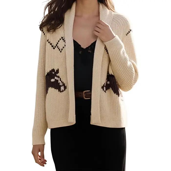 Cardigan en tricot pour femmes, à la mode, motif de cheval, coupe ample, manches longues, col en V,