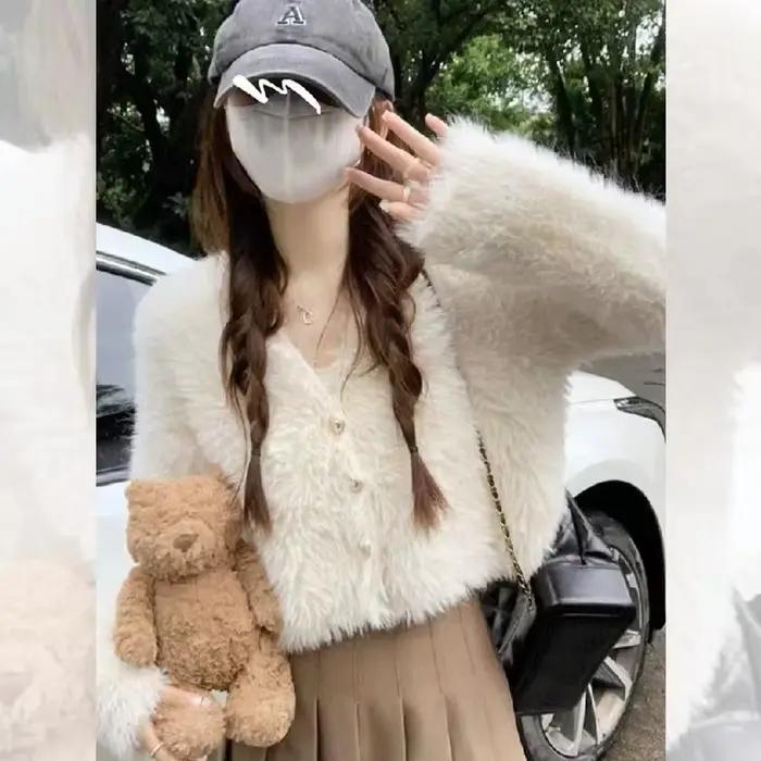 Pull court à col en v en peluche douce et cireuse pour femme, pull tricoté épais, automne et hiver 2