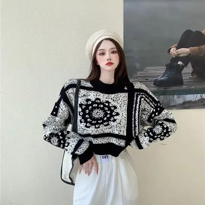 Pull femme graphique court hauts en tricot pour femme pulls courts col rond manches longues Crochet
