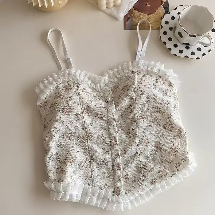 Gilet floral sexy en dentelle française avec un beau dos enveloppé autour d'un gilet doux sans manch