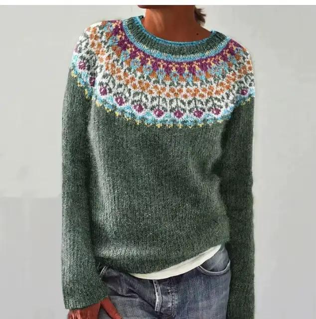 Femmes Vintage imprimé pull haut décontracté col rond à manches longues pull tricoté hauts femmes vê