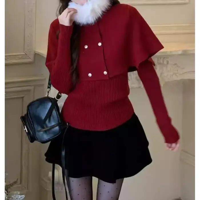 Pull rouge col en fourrure pour femme, cape d'hiver, châle, manches longues, bas tricoté, ensemble d