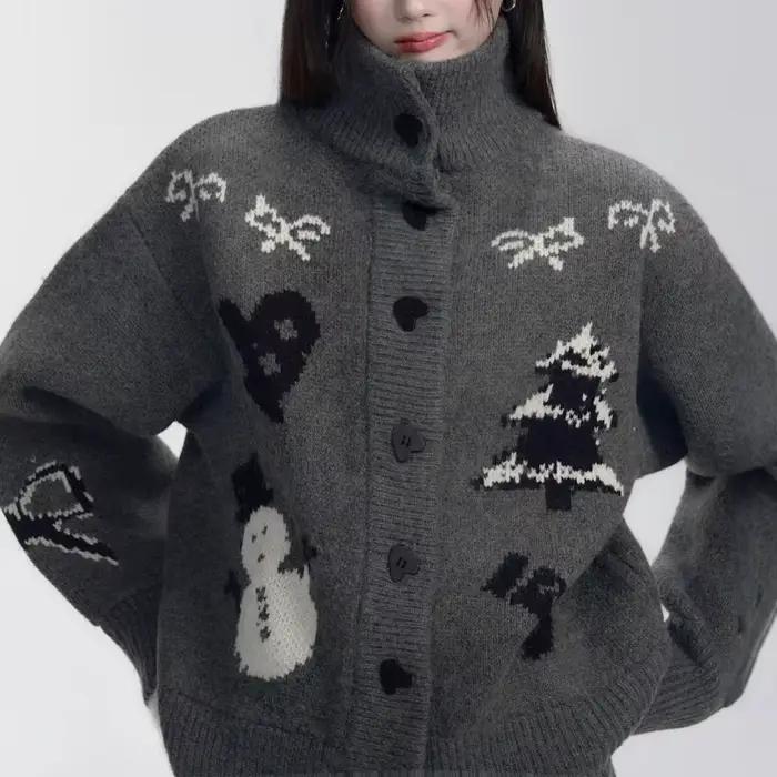 Veste pull en Jacquard Fair Isle pour femme, Cardigan tricoté de noël épais et robuste, automne et h