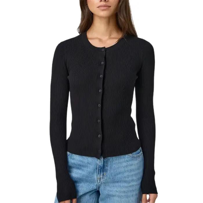 Cardigan côtelé pour femmes, hauts décontractés à manches longues, couleur unie, col rond, boutonné,