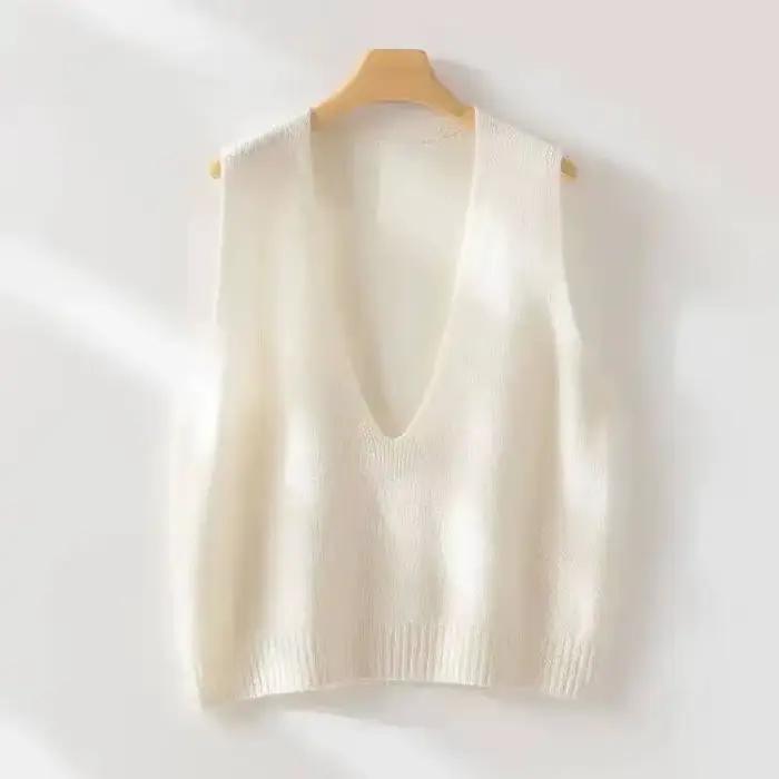 Gilet pull sans couture 100% laine, hauts tricotés amples sans manches à col en v pour femmes, autom