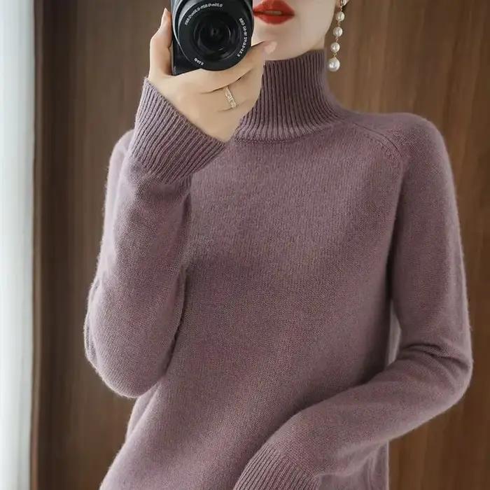 Pull tricoté ample à col haut pour femme, couleur unie, surdimensionné, couche de Base, nouveau Styl