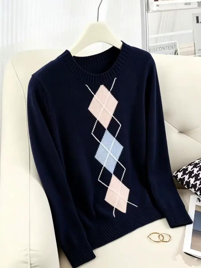 Pull en tricot à col rond pour femme, motif losanges bleu foncé, nouvelle collection automne-hiver 2