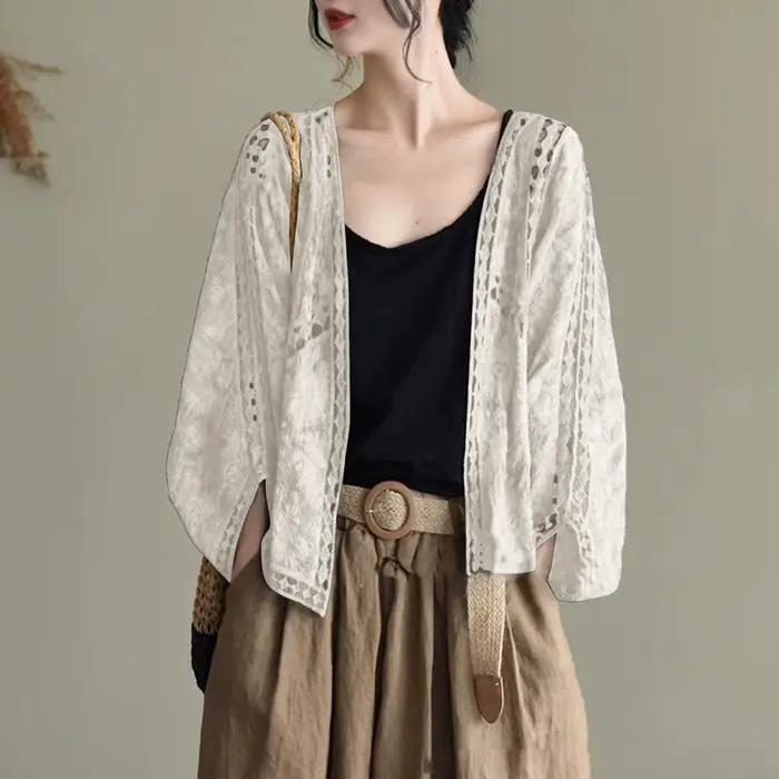 Cardigan pour femmes, haut en maille ajourée d'été, vêtements d'extérieur, cache-maillot, manches co