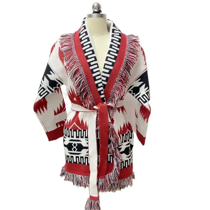 Cardigan en cachemire jacquard de haute qualité pour femmes | Manteau long en cardigan ethnique bo
