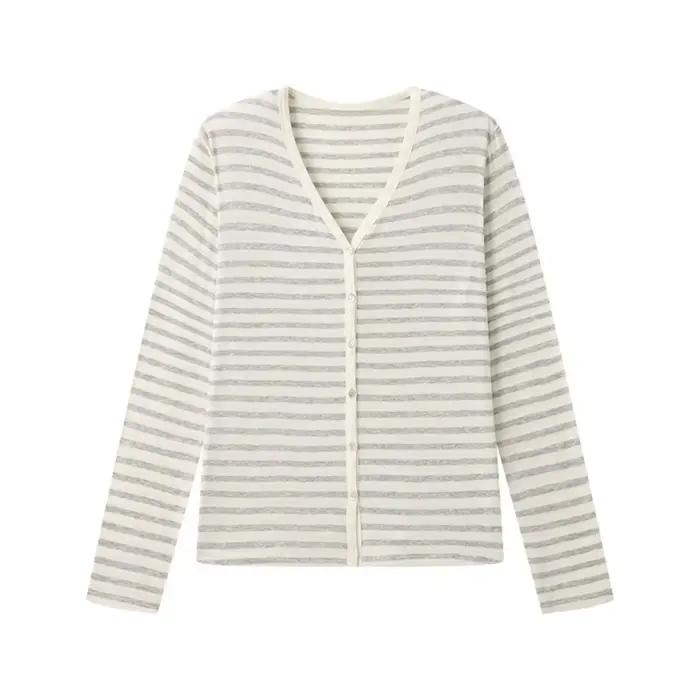 Cardigan en Lyocell pour femme, col en V, col rond, manches longues, tricot fin, rayé, boutonné, cad